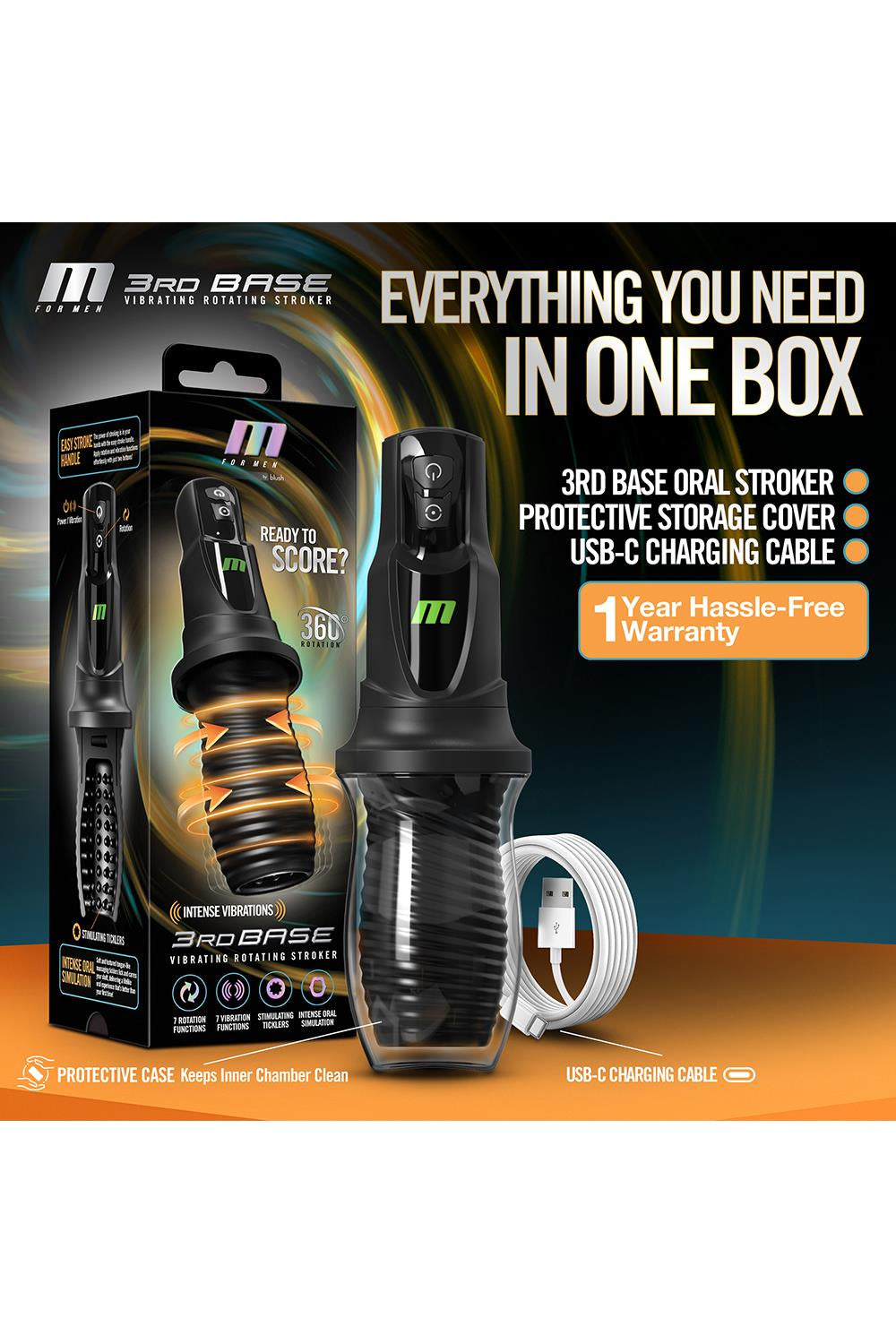 Masturbateur oral vibrant avec rotation (3 Rd Base Black )