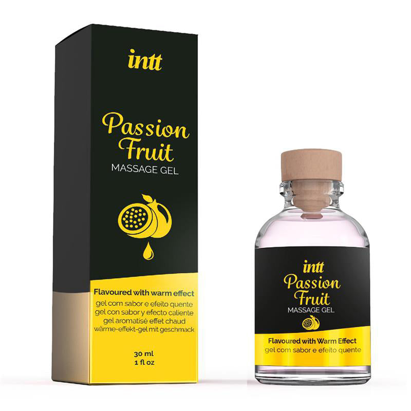 Gel de massage aromatisé et comestible effet chauffant INTT fruit de la passion.