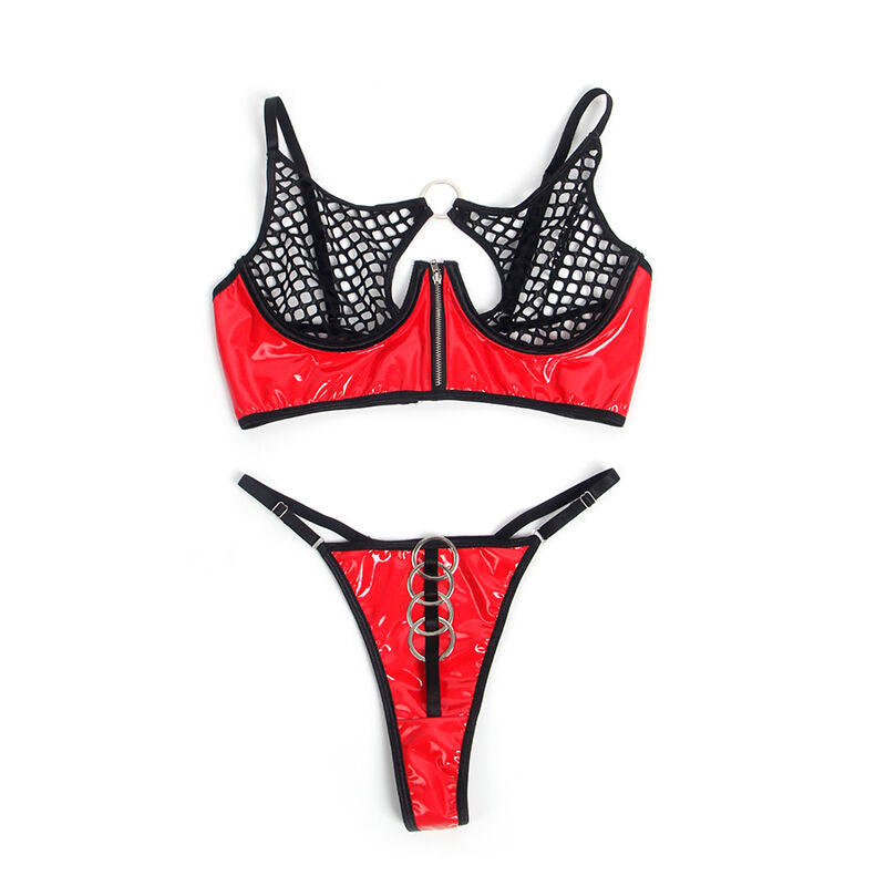 Ensemble soutien-gorge à fermeture éclair en cuir verni rouge