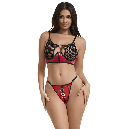 Ensemble soutien-gorge à fermeture éclair en cuir verni rouge