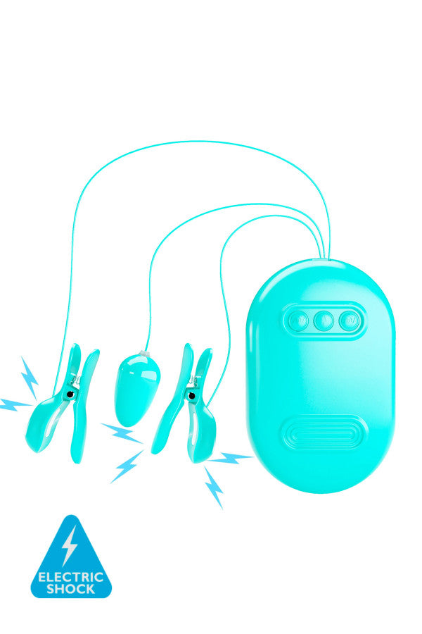 Pinces à tétons électrostimulantes et oeuf vibrant (Surprise box bleu)