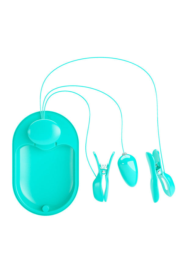 Pinces à tétons électrostimulantes et oeuf vibrant (Surprise box bleu)