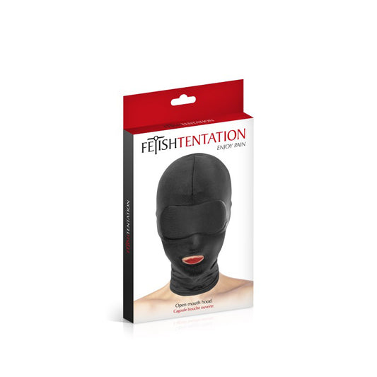 Cagoule en spandex BDSM couleur noir avec ouverture au niveau de la bouche